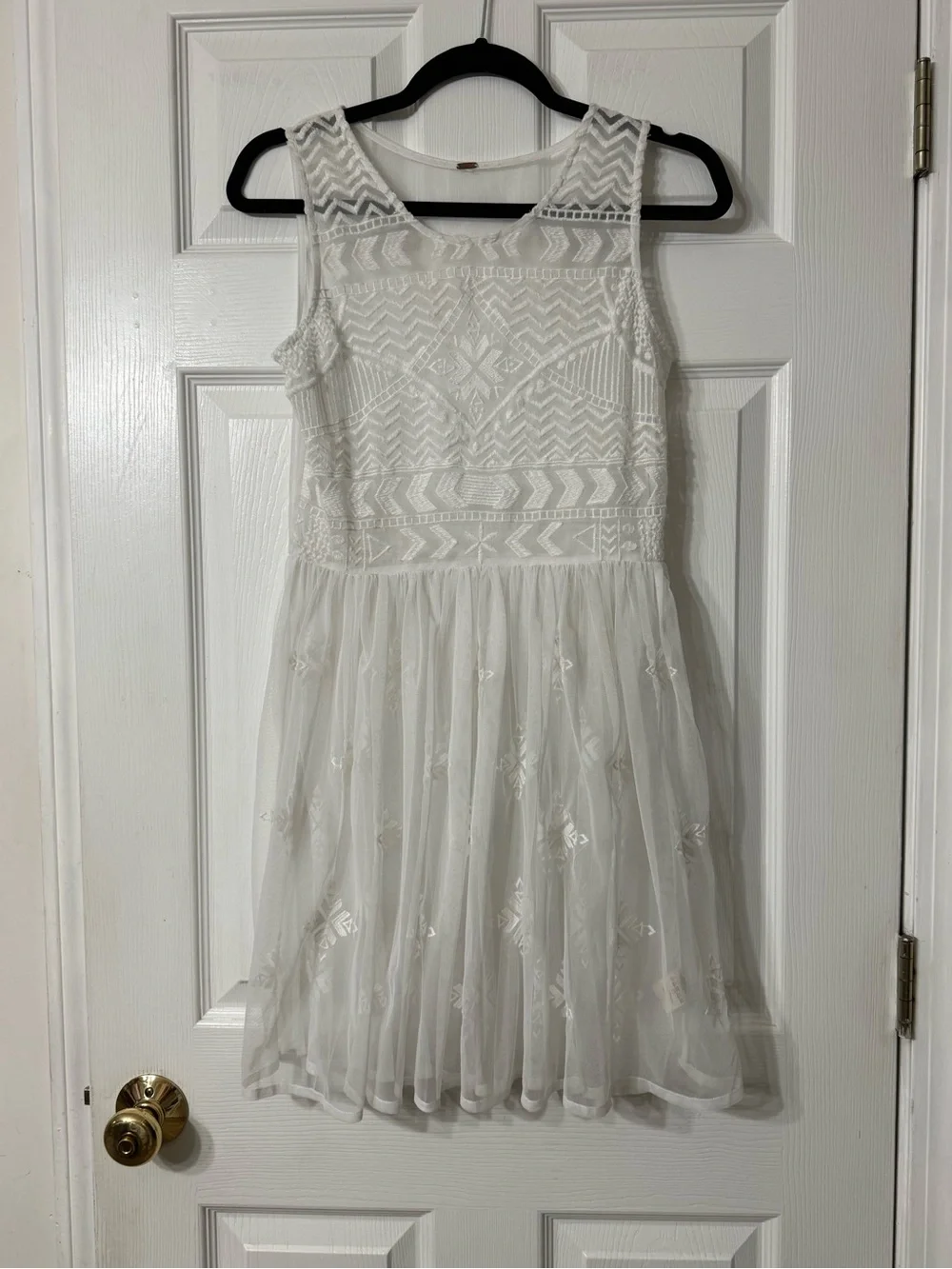 Free People White Embroidered Sheer Mesh Boho Mini Dress S